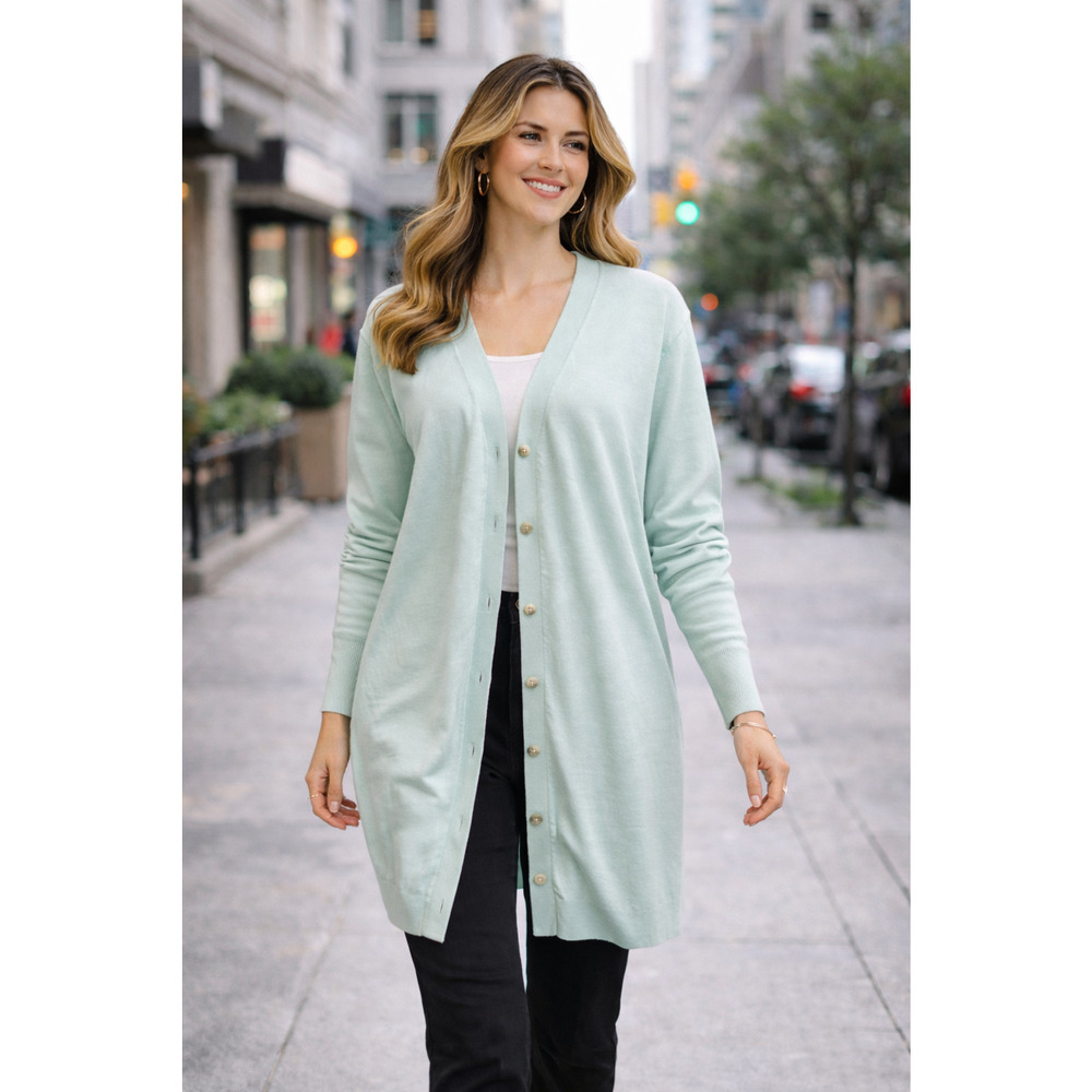 Soft by Naadam Mint Green Cotton Cashmere V-Neck Longline Cardigan Sweater Sz L